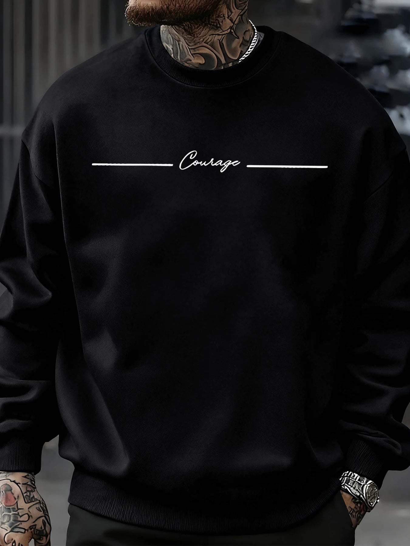 Courage Simple Line Pattern Men Sweatshirt Hip Hop Autumn Pullover All-Match Crewneck Clothing Fleece Casual Fashion Tops BAZAARHUBO