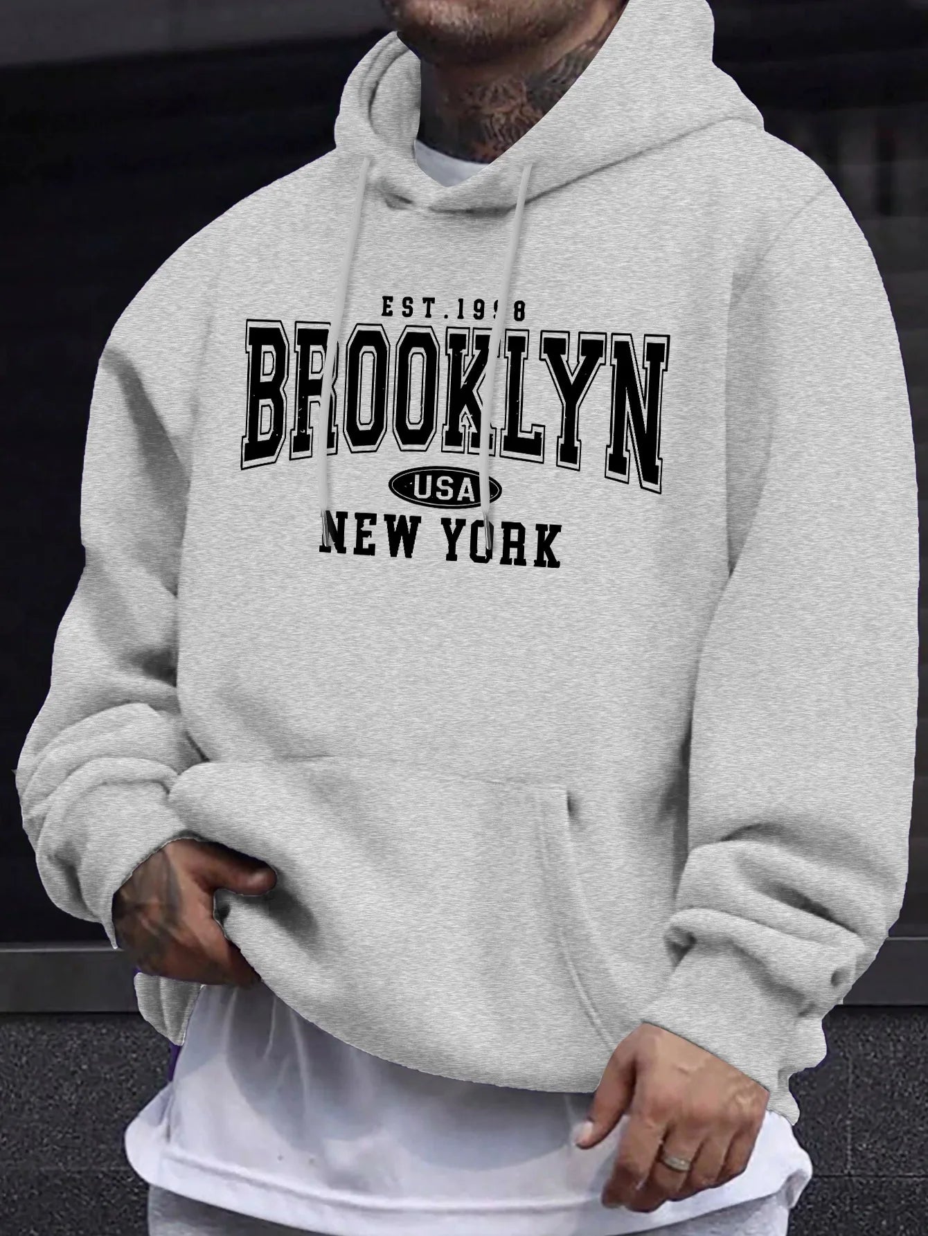 Men's autumn and winter casual fashion loose Brooklyn New York letter printed long sleeved hooded sweatshirt warm pullover BAZAARHUBO