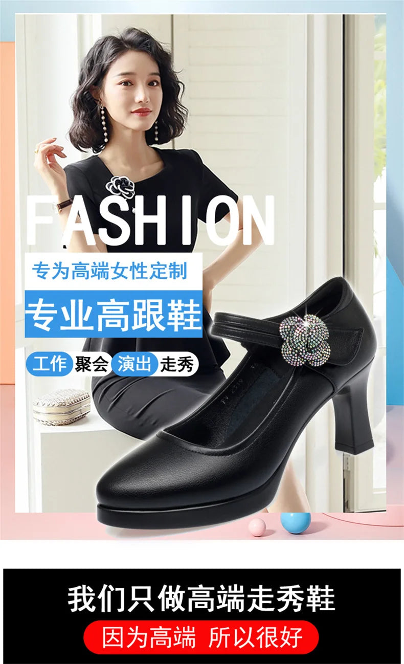 Women's Pumps Pointed Toe Office Soft Leather Flower Buckle Strap Platform High Heels Four Season Shallow Mouth Single Shoes
