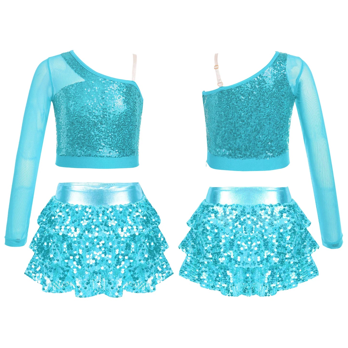 Kids Girls Dance Dresses Latin Jazz Modern Dance Show Costume Sequin Long Sleeve Crop Tops and Skirted Culottes Cheer Dancewear