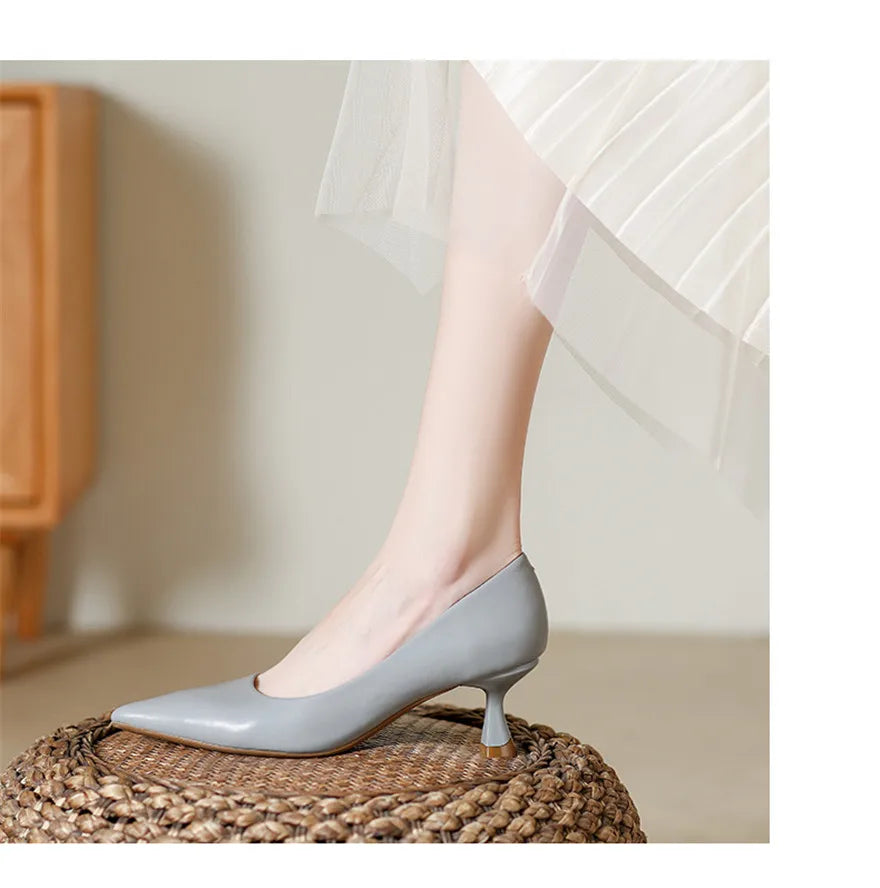 Soft Leather Concise Ladies Office Shoes 2026 Spring Shallow Comfort 6.0cm High Heels Women Pumps Dress Pointy Toe Wedding Shoes
