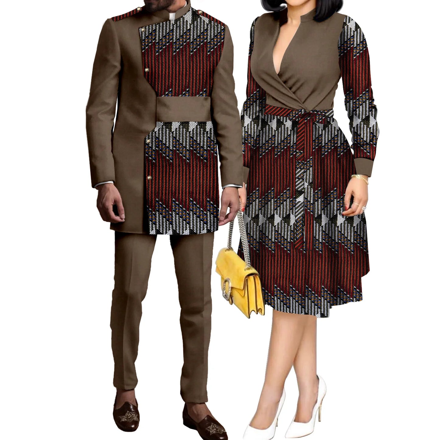 SEA&ALP African Kente Prints Couple Clothes for Wedding Dashiki African Men Long Sleeved Pants Set Matching Women Dresses