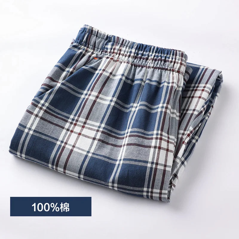 Spring Summer High Quality Pants Men 100% Cotton Sleep Bottoms Male Plus Size Night Trousers Men Casual Loose Plaid Home Pants