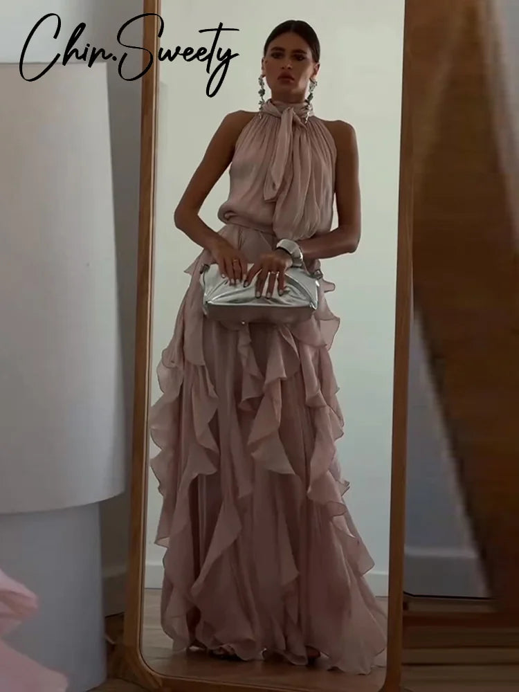 Sexy Cascading Ruffle Pleated Women Long Dress Fashion Lace Up Sleeveless Empire Female Dresses 2026 Spring Summer Lady Robe New