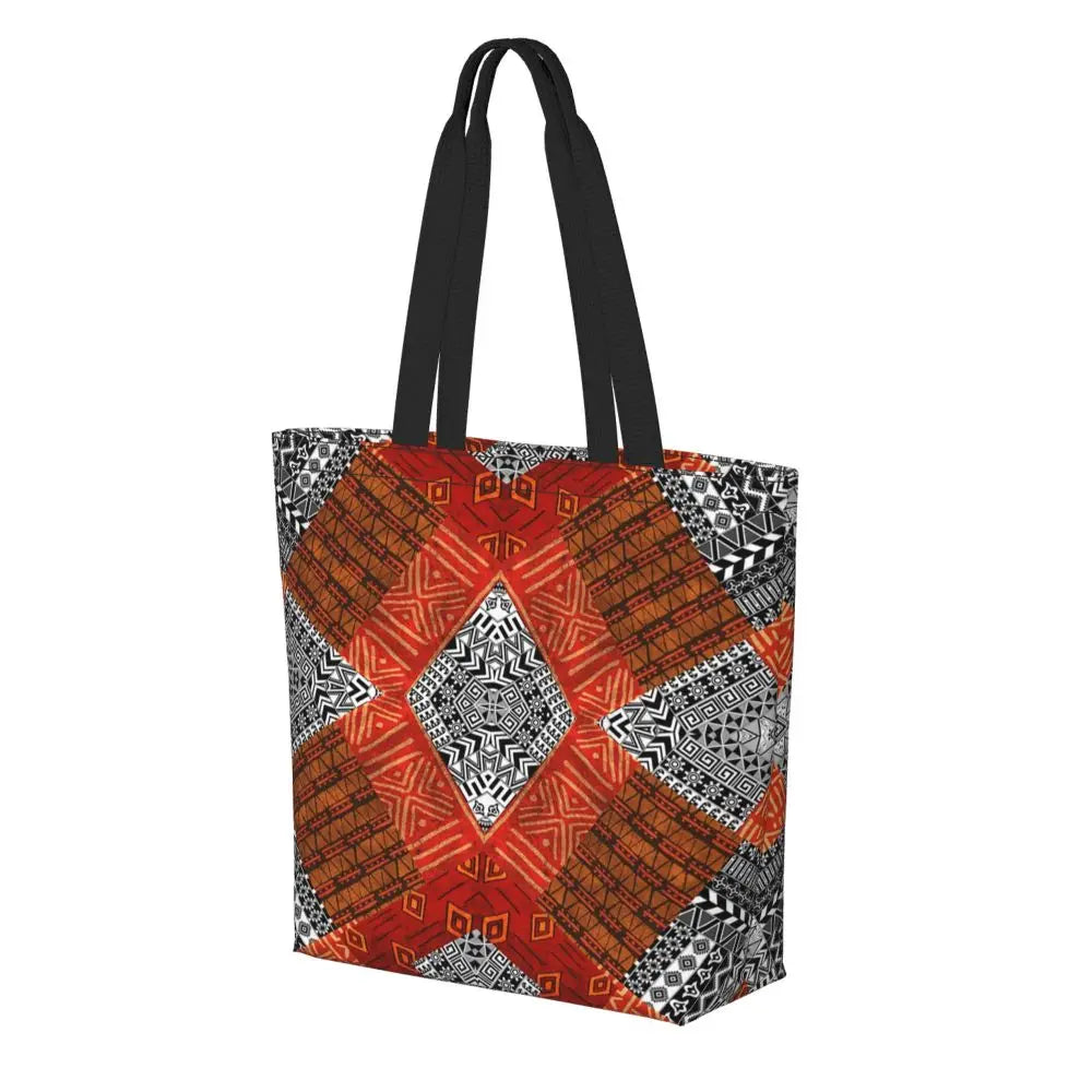 African Ankara Prints Grocery Shopping Tote Bags Women Geometric Ethnic Art Canvas Shoulder Shopper Bags Big Capacity Handbag