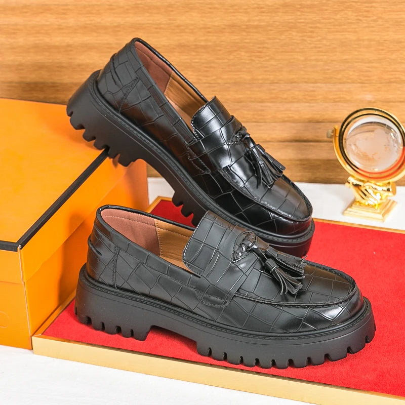 Men's thick soled leather shoes Gentleman retro elegant style Business Office Leisure 38-46 Adult thick soled loafers Black Gray