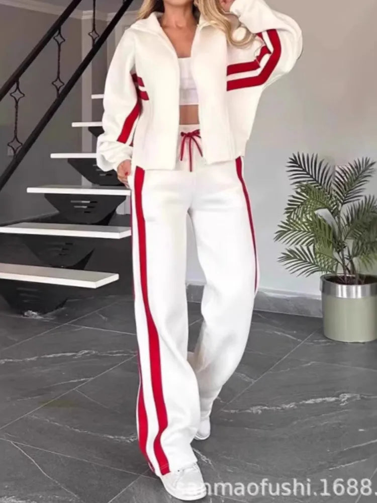Y2K Striped Zipper Coat+sweatpants Two Piece Set Women Casual Batwing Sleeve Sports Jacket Outfits Autumn Winter Sweatshirt Suit