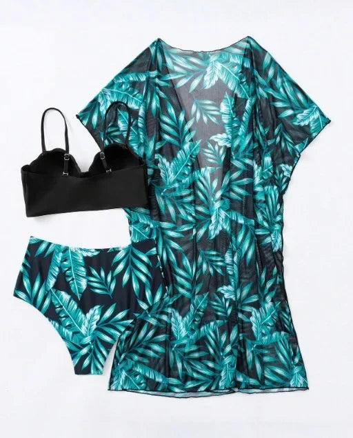 High Waist Leaf Print Bikini Swimsuit with Net Cover up Slimming Design Cross-Border New Style Women's Fashion Swimwear