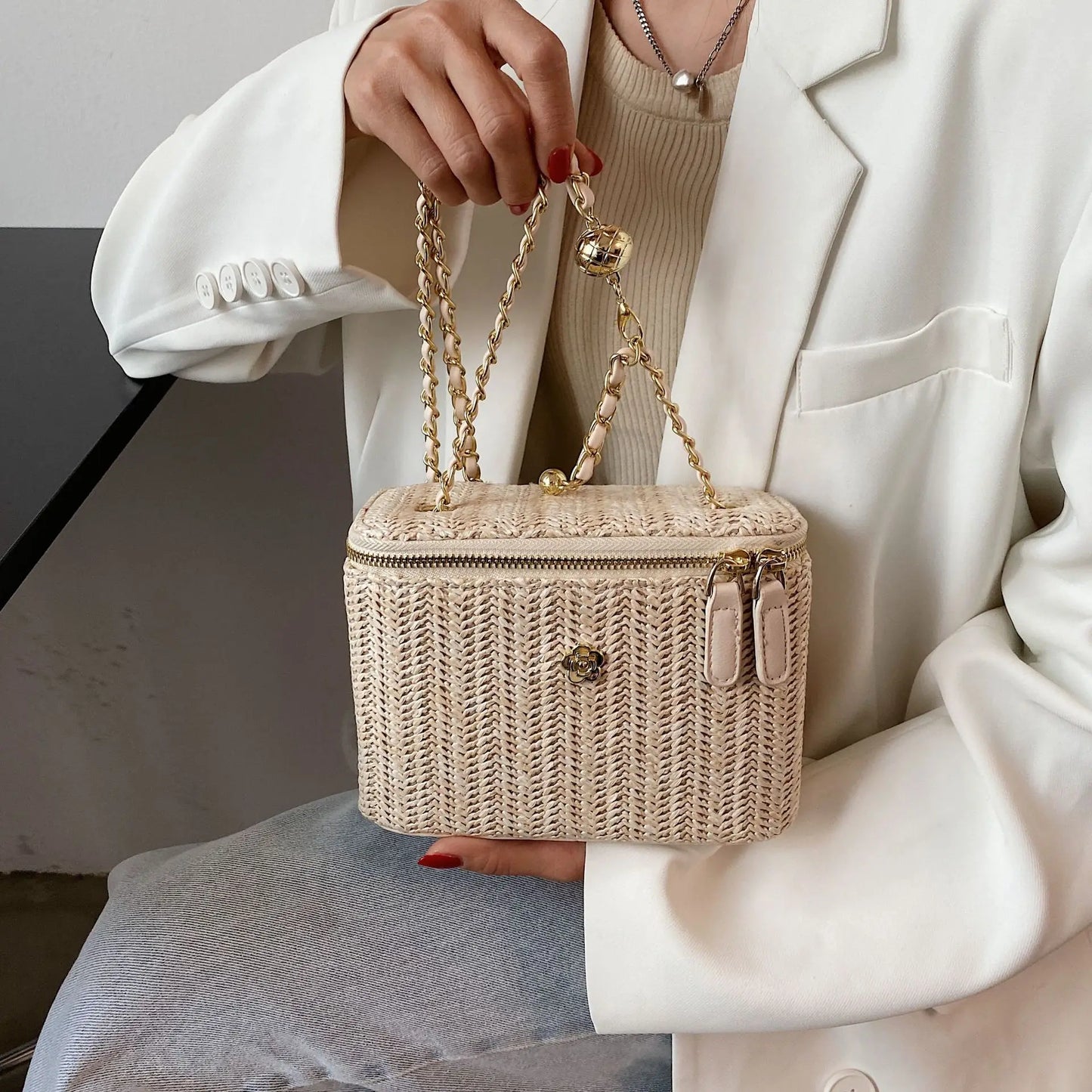 2023 Mini Straw Bucket Crossbody bag For Women Summer Weave Women's Brand Handbags And Purses Fashion Chain Simple Shoulder Bags