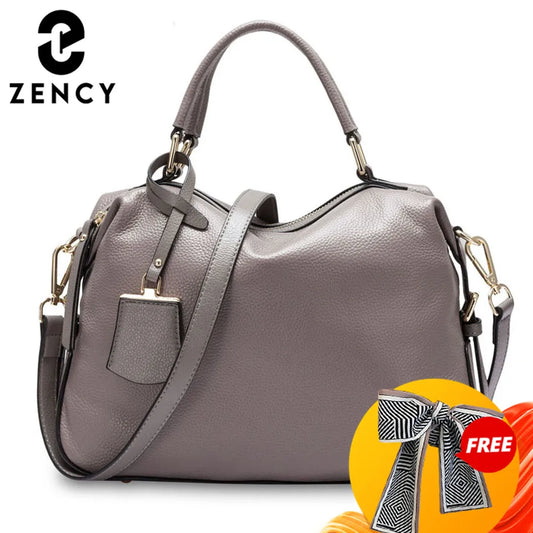 Zency Fashion 100% Genuine Leather Women's Tote Bag Boston Charm Crossbody Messenger Handbag Luxury Shoulder Purse for Females
