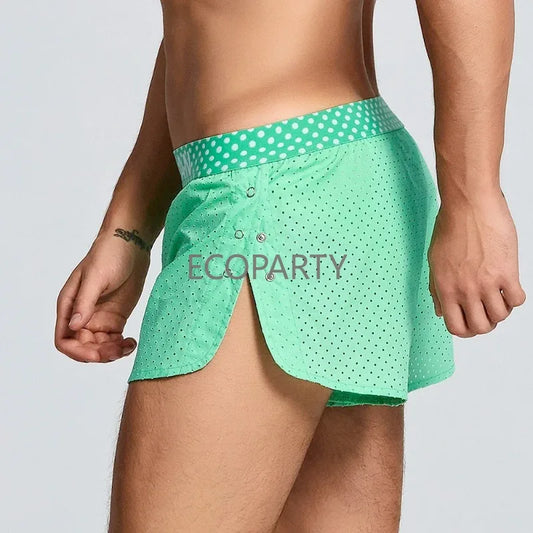 Summer new woven pure cotton Aro pants with side split button design, breathable mesh single-layer sleeping pants for men