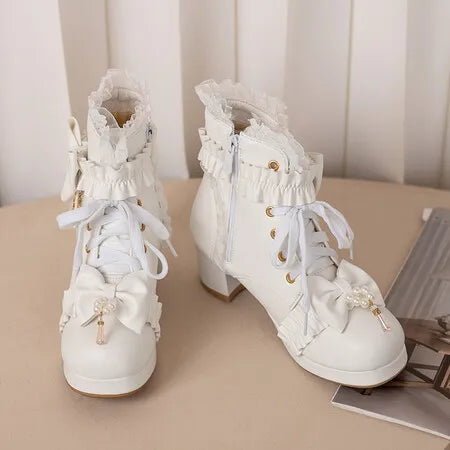 Lolita Great Quality Block High Heels Women Ankle Boots White Shoes Lace Decor Lace Up Chunky Heeled Bow Boots for Women Verclo