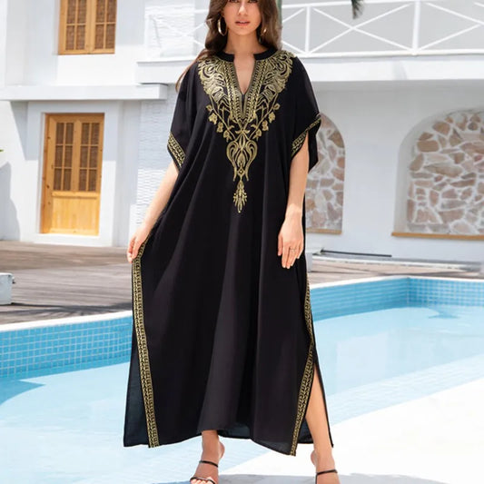 Boho Dress Women's Fashion Cotton Embroidered Beach Sun Protection Dresses For Women Loose Robe Bikini Swimsuit Outer Blouse