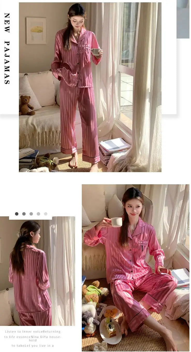 Silky Satin Pajama For Women Striped 2PCS Sleep Set Homewear 2025 Spring New Long Sleeve Trouser Suits Loungewear Nightwear