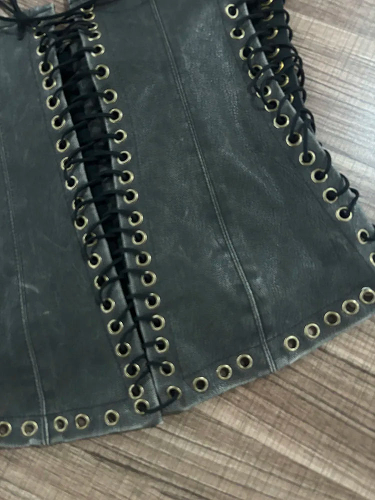 DEAT Fashion Vintage Bandage Design Hollow Out PU Short Strapless Vest For Women Outwear High Street Tank Tops Female 11A04791