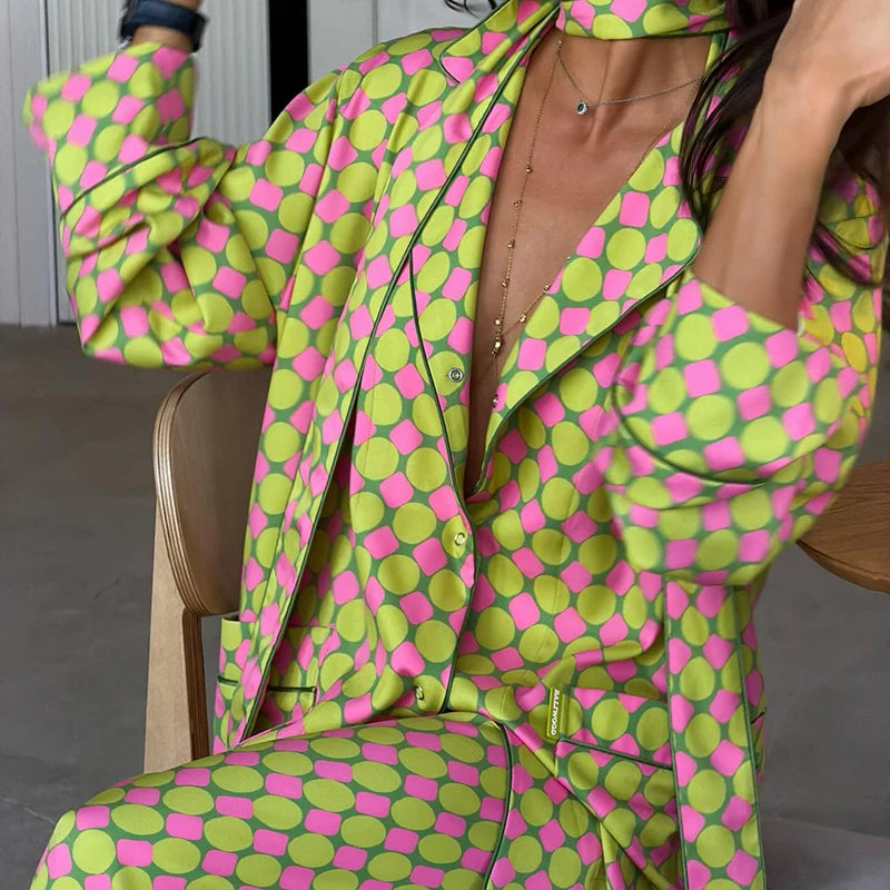 Casual Plaid Women's Blazer Pant Suits Scarf Collar Long Sleeve Button Shirt Pleated Wide Leg Trousers 2026 Summer Female Set