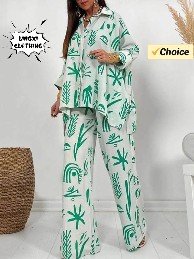 Summer Fashion New Printed Women's Set Printed Pattern Flip Collar Open Single Breasted Top Wide Leg Pants Elegant Two Piece Set