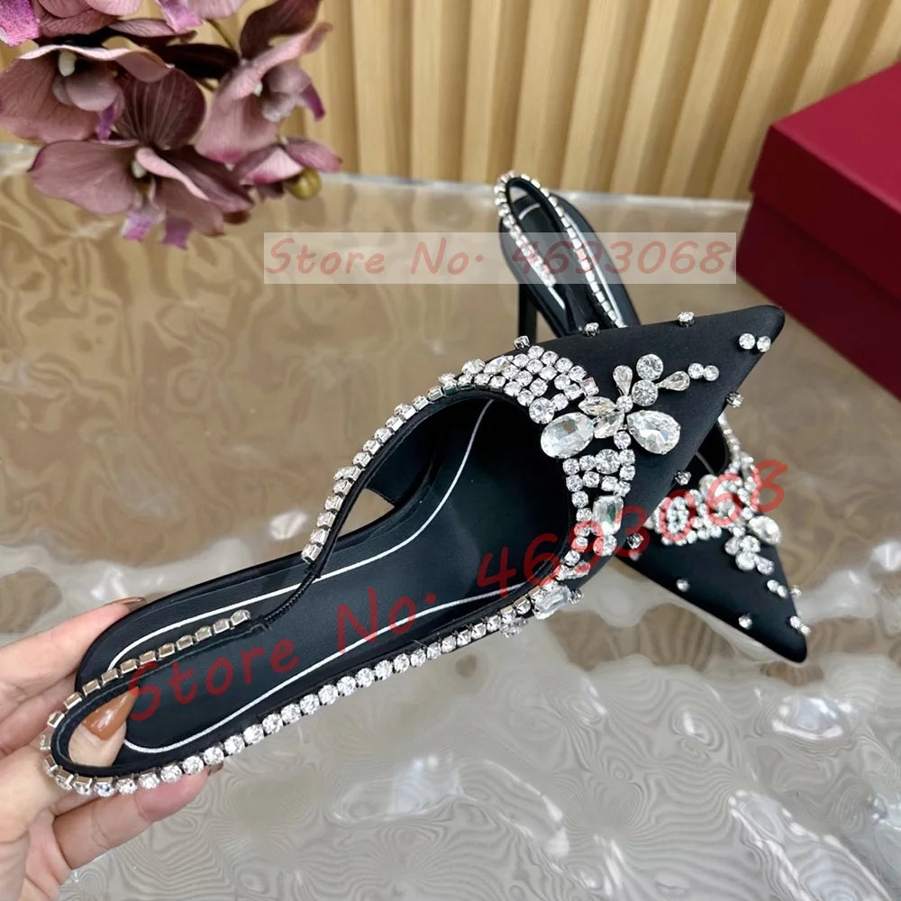Luxury Crystal Flowers Back Strap Sandals Ladies Trendy Pointy Toe Classy Gems Satin Sandal Women Real Leather Evening Shoes