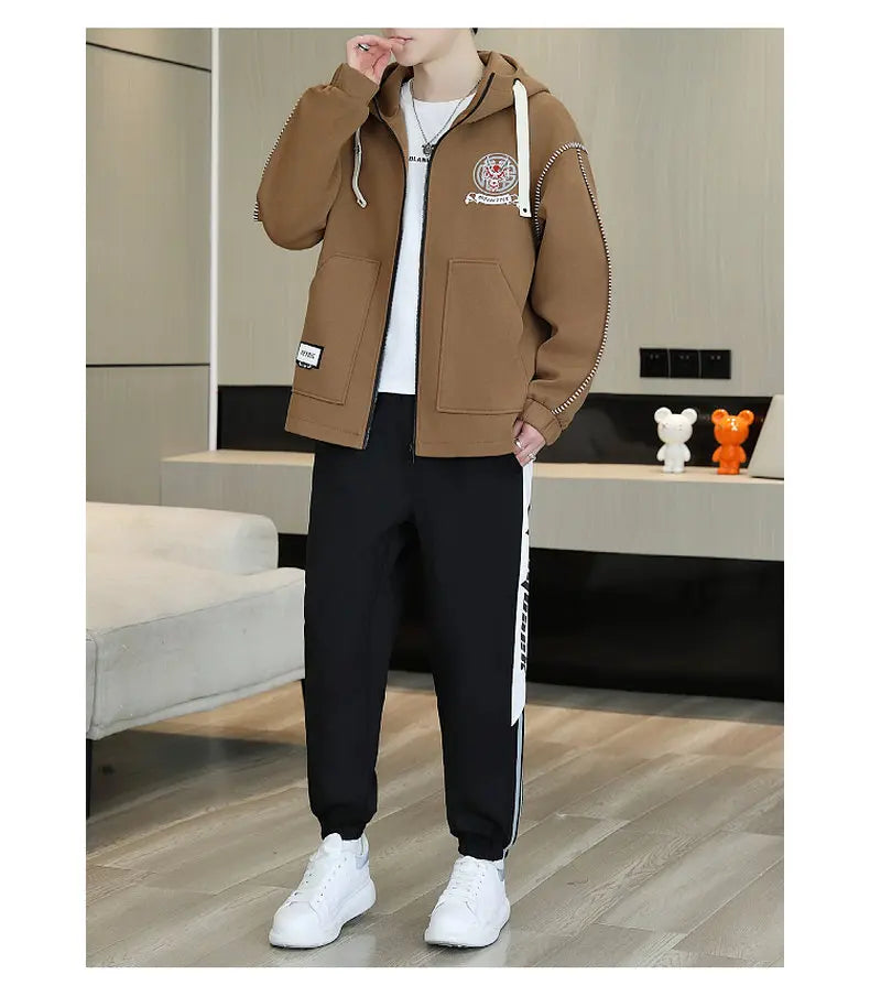 Hooded Jackets And Pants Two Piece Men's Sets 2026 Spring Autumn Youth Streetwear Tracksuits Outdoor Top Coats & Jogger Clothing