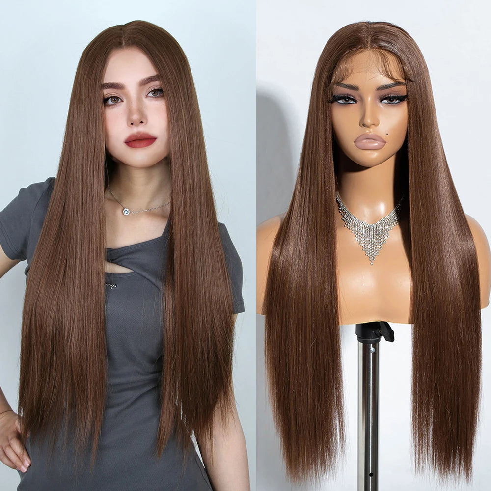 Synthetic Lace Front Wigs Warm Brown Black Color Hair  30" Long straight Wig For Women Lace Wig Heat Resistant Cosplay Wigs