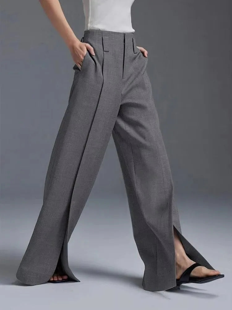 Yeezzi Women Business Suit Pants High Waist Pleated Split Front Trousers Black