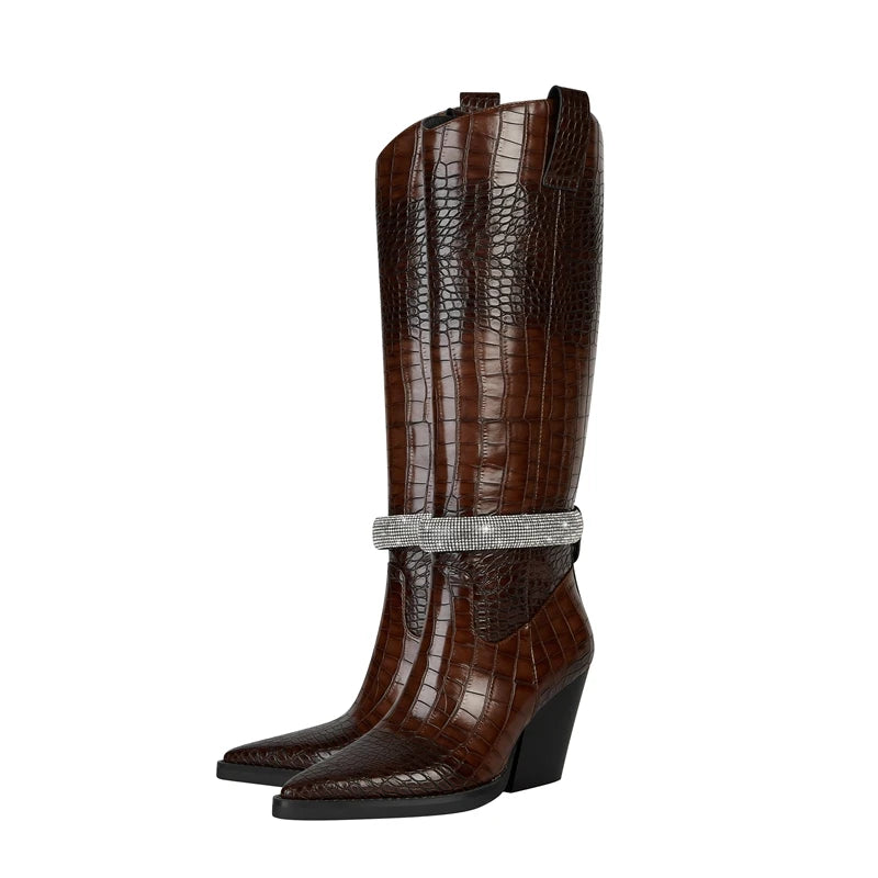 Kaky's New Water Diamond Pointed Thick High Heels Oversized Women's Boots Long Boots High Barrel Boots Western Boots 44 45 46
