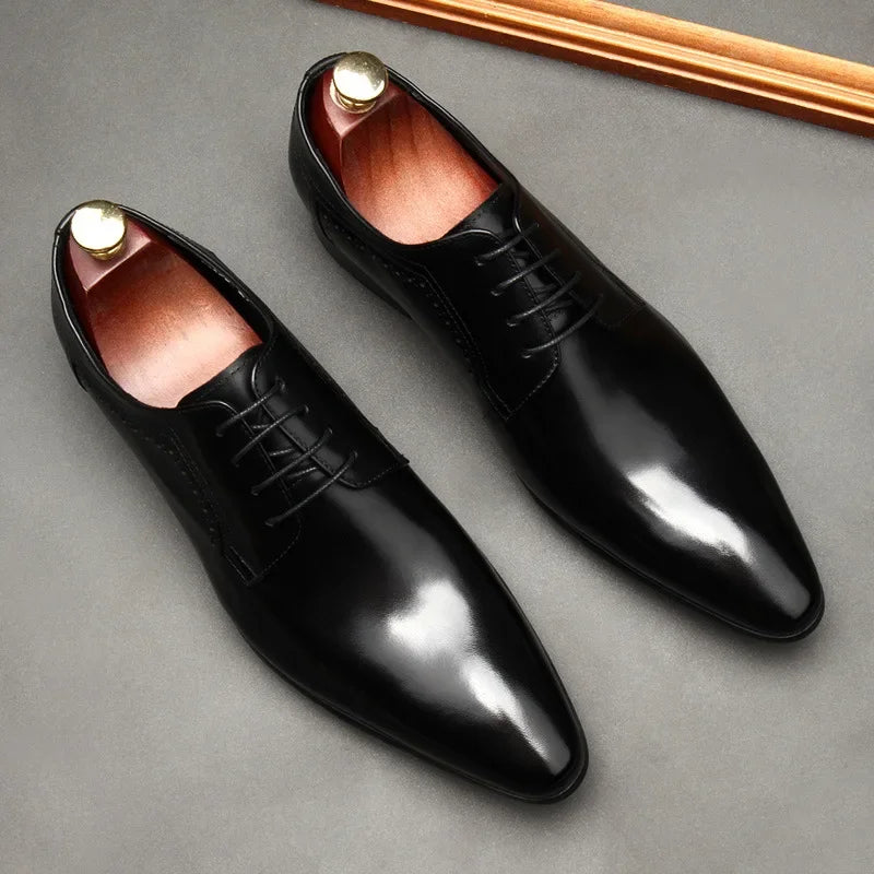 Leather shoes for men, lace up shoes for men, pointy, leather, high-end wedding, dress, Oxford, Lefu shoes, large, British style