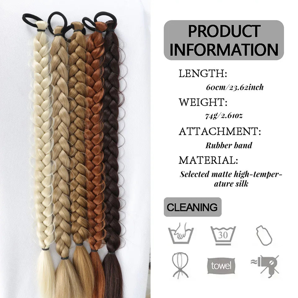 Synthetic Braided Ponytail Hair Extension With Rubber Band Boxing Braids For Women Hair Accessories 24Inch Long Black Braids