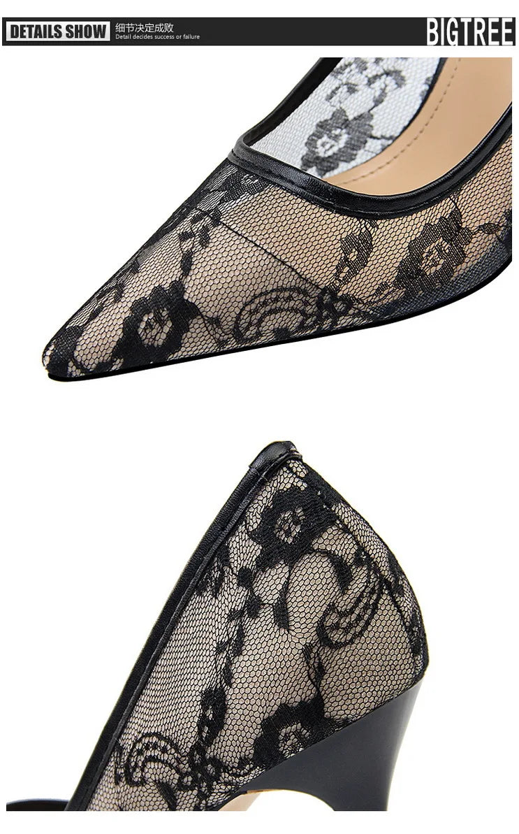 Women Fashion Sexy Pumps High Heels Shoes Female Sexy Wedding Shoes Ladies Stiletto Women New Pointed Toe Mesh Hollow Lace Heels