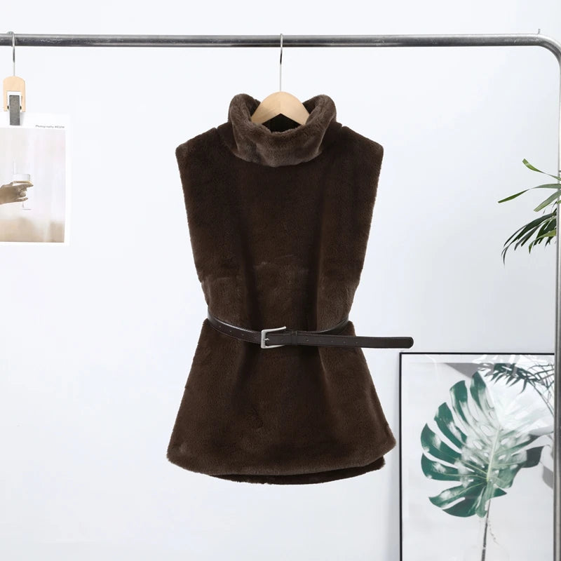 Luxury Faux Fur Hooded Pullovers Women's Loose Full Sleeve Stand Collar Pocket Coats 2025 New Autumn Winter Ladies Solid Outwear