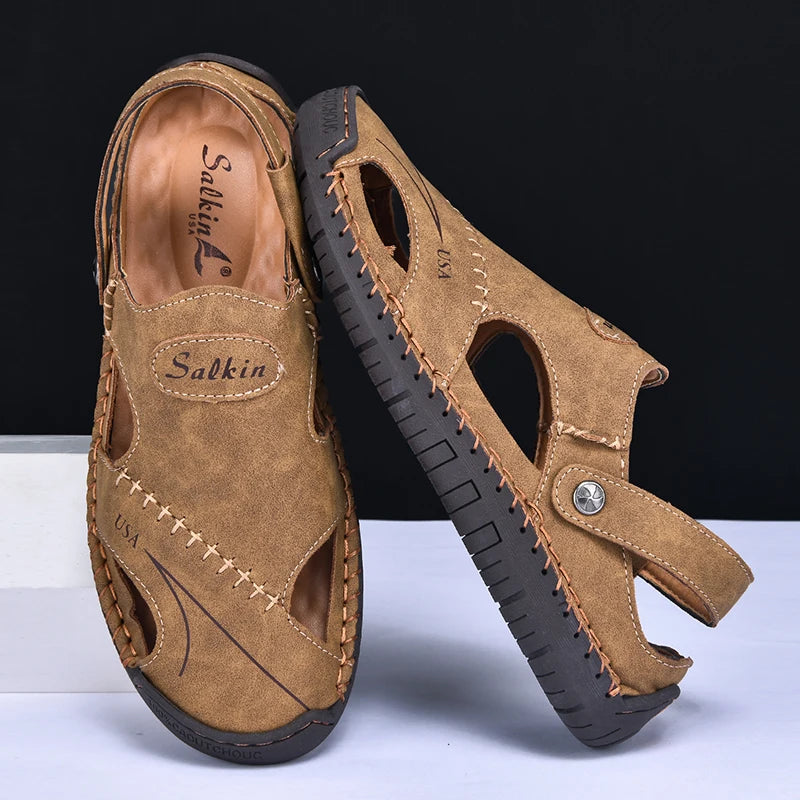 New Handmade Summer Sandals Men Breathable Leather Shoes Man Outdoor Men Sandals Antiskid Beach Sandals Hollow Shoes Footwear