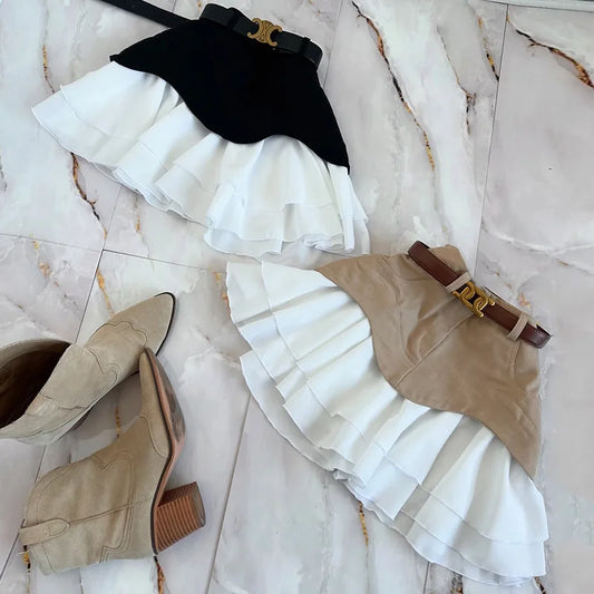 Denim Cake Skirt Women A Line Short Skirts High Waist Ruffles Elegant Splice Y2k Streetwear Party Pleated Slim Fit 2025 Spring