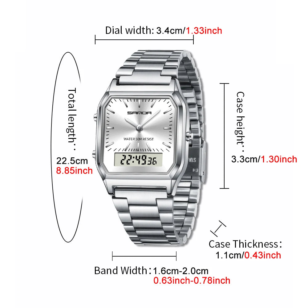 SANDA Men's and Women Watch Fashion Watches Business Style Alarm Clock Man Digital Wristwatch Square Dial Stainless Steel Strap