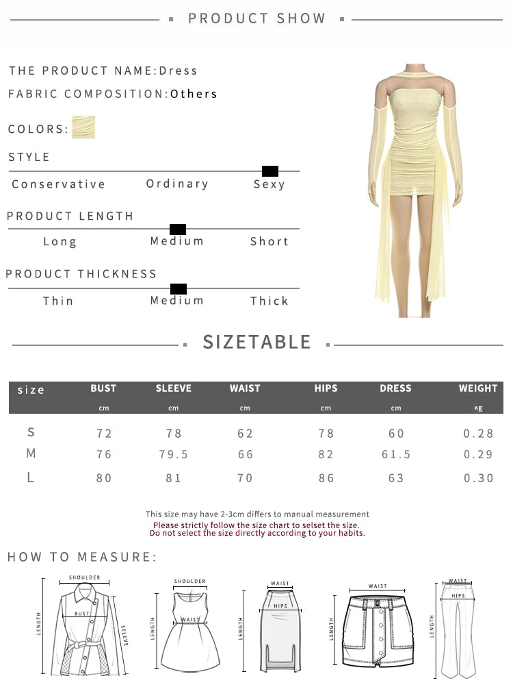 Sisterlinda Mesh Simple Mini Dress Fashion Solid Strapless Ribbons Tassel Body-shaping Vestidos+Seperately Full Sleeve Gloves