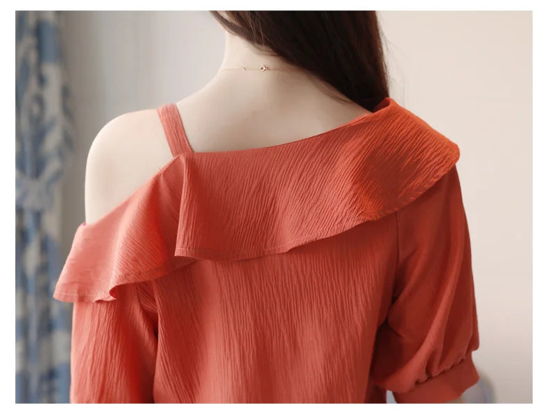 Women's One Shoulder Ruffles Chiffon Blouse Shirt Short Sleeve Pullover Acetate