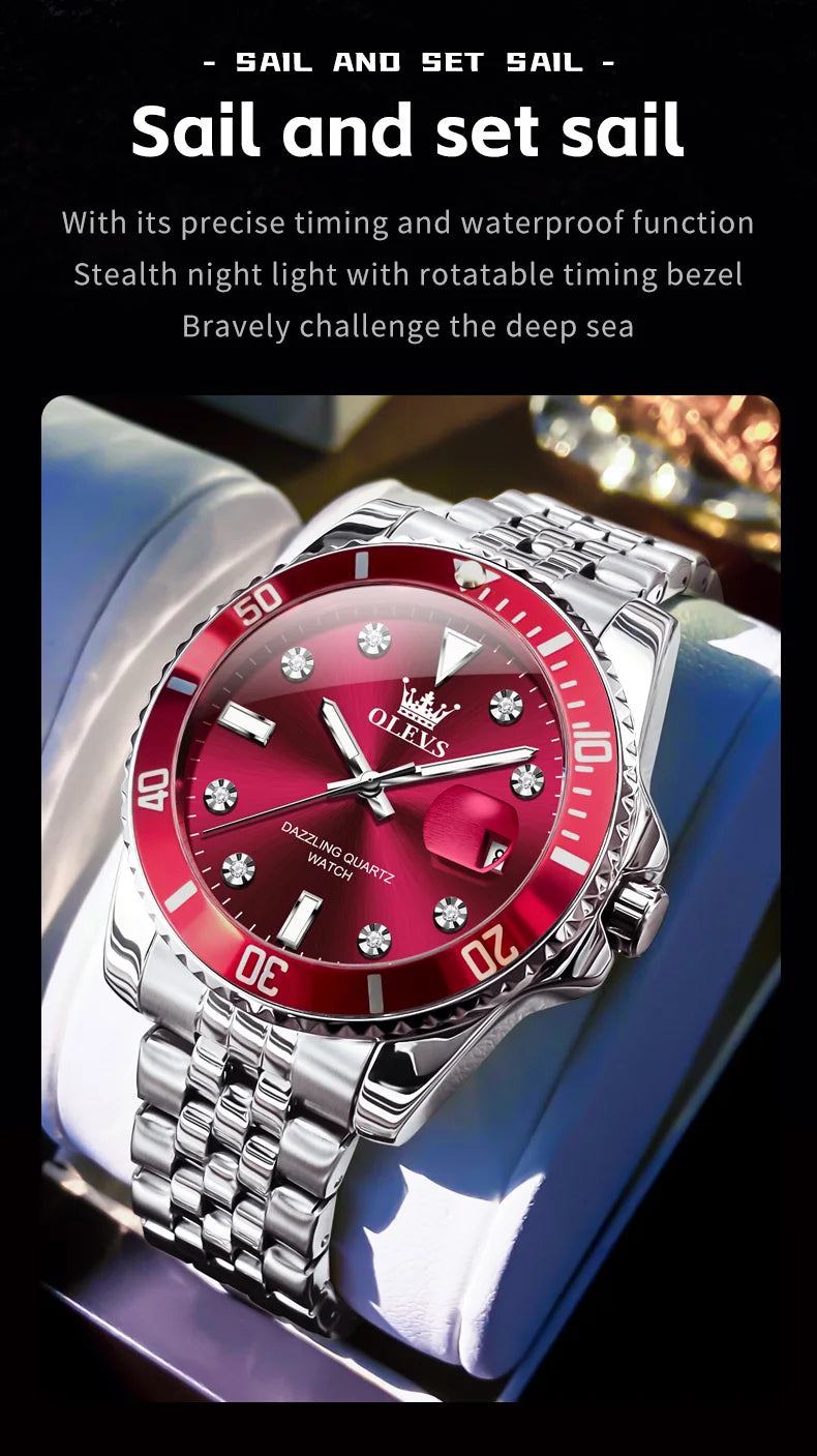 OLEVS Men's Watches Luxury Brand One-Way Timing Rotation Bezel Analog Original Quartz Watch for Men Submarine Series Wristwatch