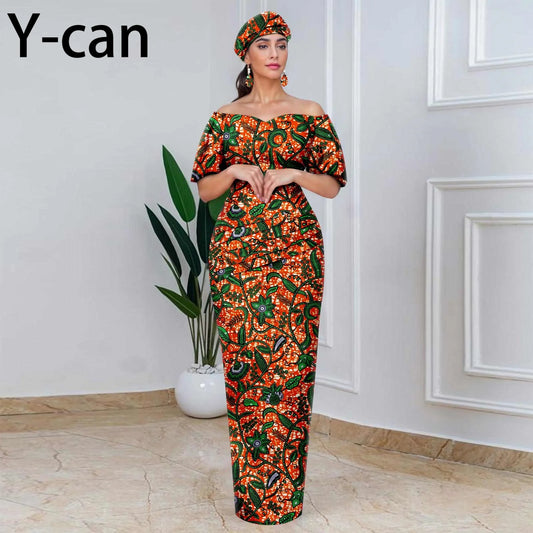 African Party Dresses for Women Off Shoulder Folds Women Maxi Dress with Headscarf and Earrings Traditional Wedding 2525052