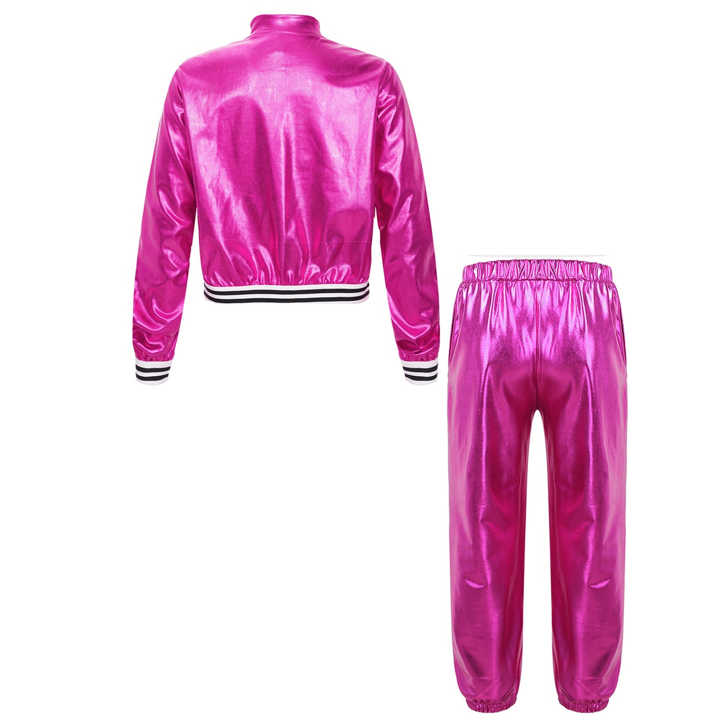 Kids Girls Sports Outfits Jazz Hip Hop Street Dance Costume Shiny Metallic Long Sleeves Bomber Jacket Coat with Pants Streetwear
