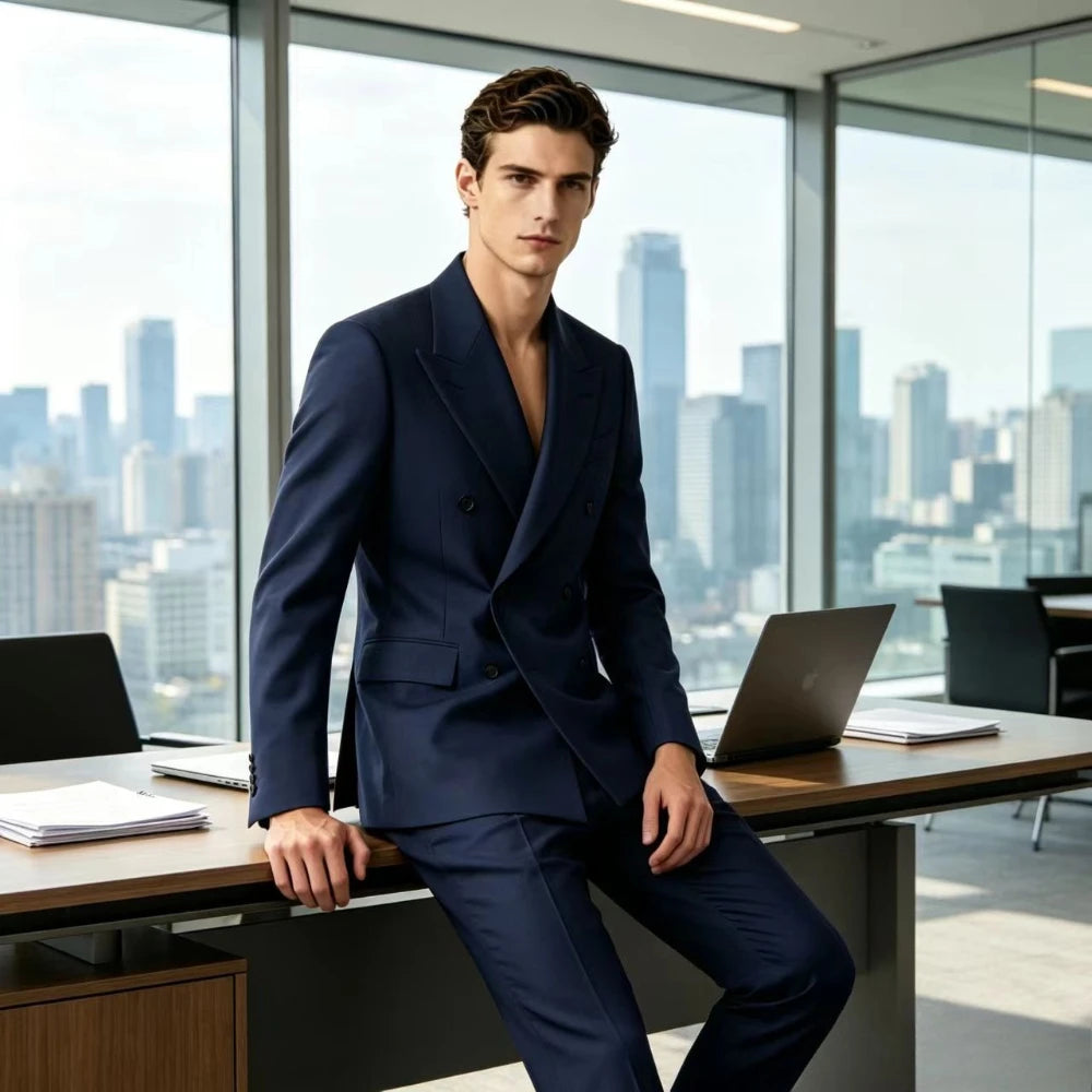 Men Double Breasted Suits For Wedding High Quality Slim Fit 2 Pieces Set Elegant Jackets Pants Blazers Fashion Classic Formal