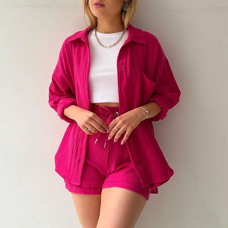 Casual Sleepwear 100% Cotton Pajamas For Women Sets Suit Turn-Down Collar Nine Quarter Sleeve Sleep Tops Shorts Female Homewear