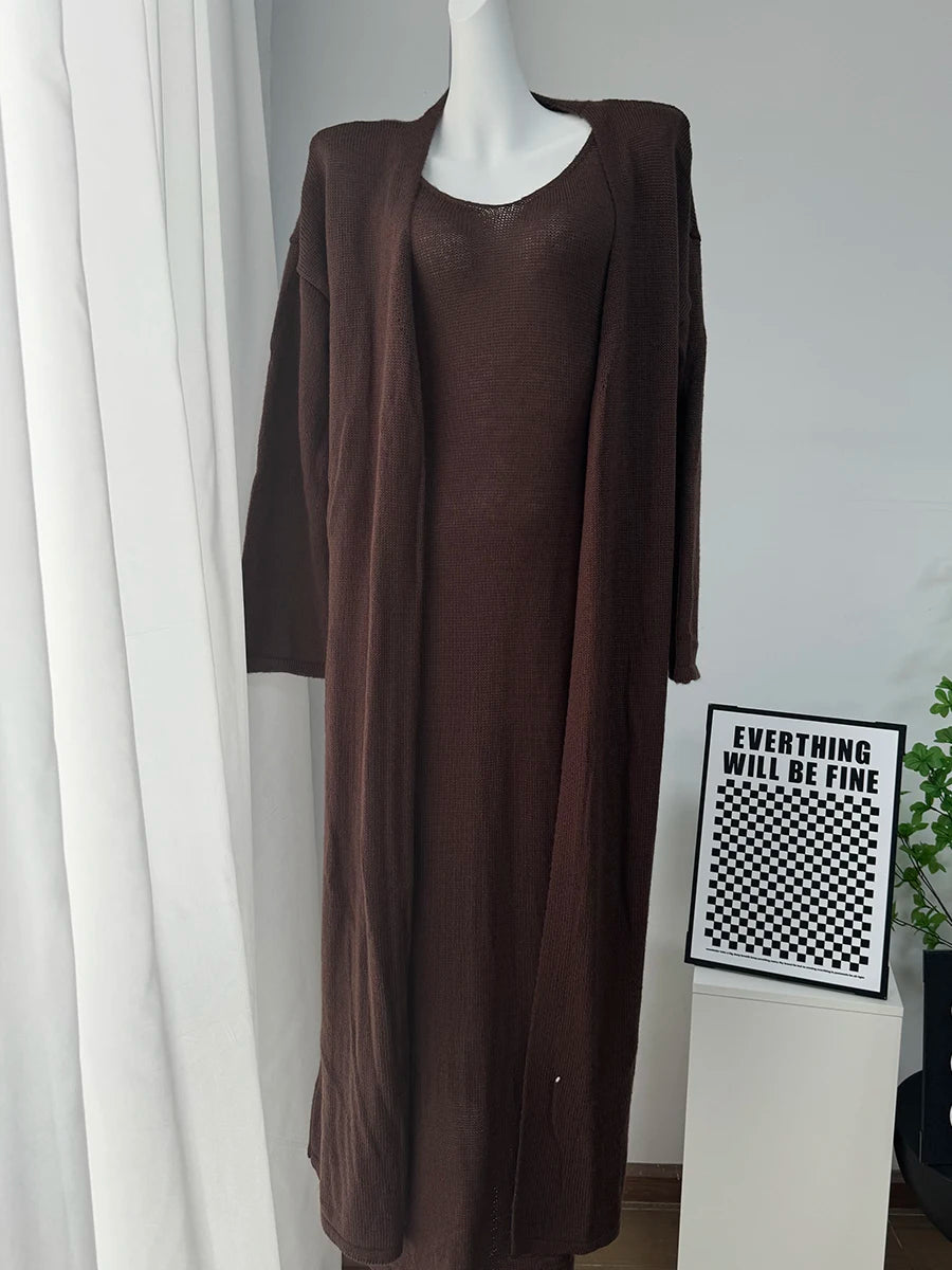 Hirsionsan Soft Loose Sets Women Three Pieces Long Sleeve Cardigan & Sexy Vest Dresses Elegant Female Hollow Outfits Tracksuit