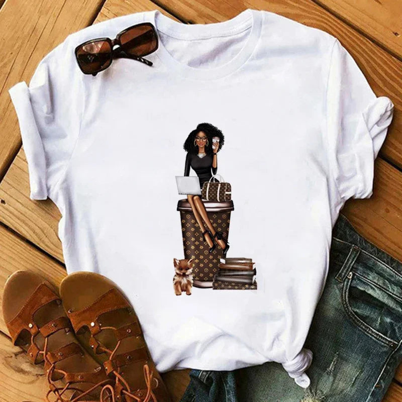 Fashion Print T-shirt Kawaii Melanin T Shirt Women Funny Black African Curly Hair Girl Graphic Tees Aesthetic Tshirt Female