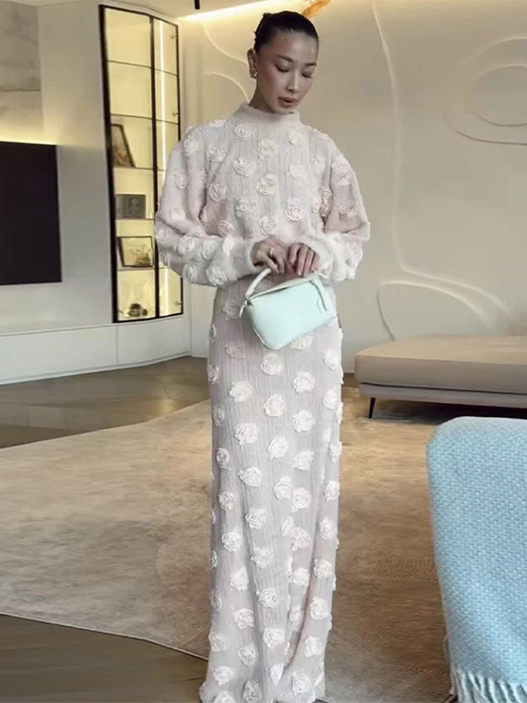 Knitting 3D Flower Tops Long Skirts Sets Women Elegant Lantern Sleeve Top Suit With Hip Package Skirt Lady 2025 Spring Outfits
