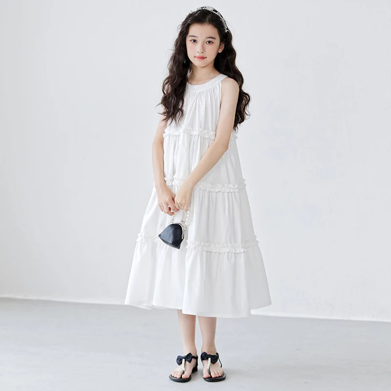Fashion Korean Children's Clothes 2025 Elegant Dress For Girls Casual Dresses White Sleeveless Summer Dress Loose Girl Outfits