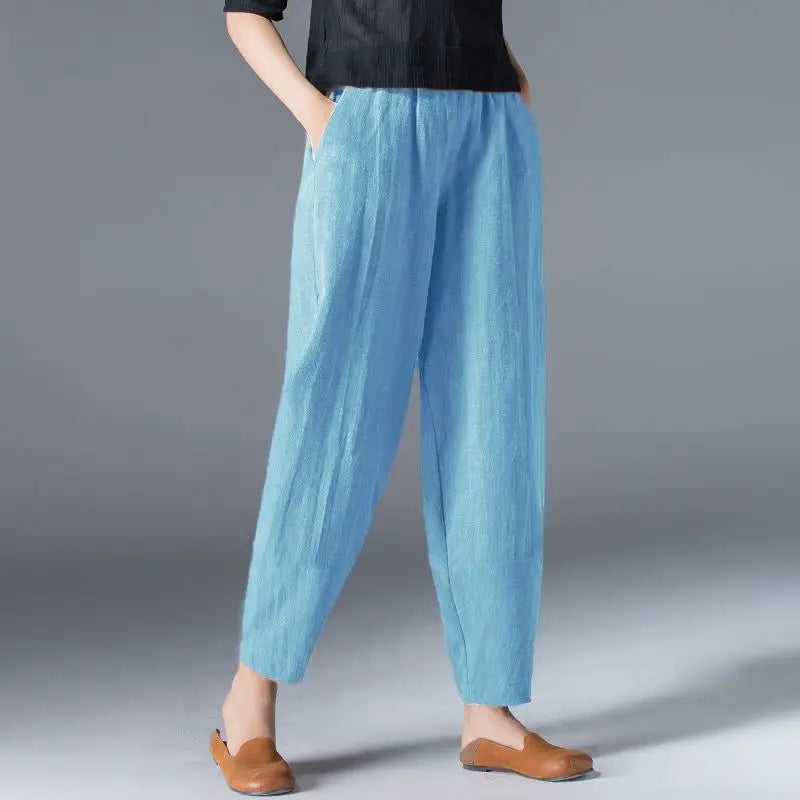 Cotton Wide Leg Pants Female Loose Oversized Solid Color Harem Summer Casual Elastic Waist Ankle-length Pants Women Clothing