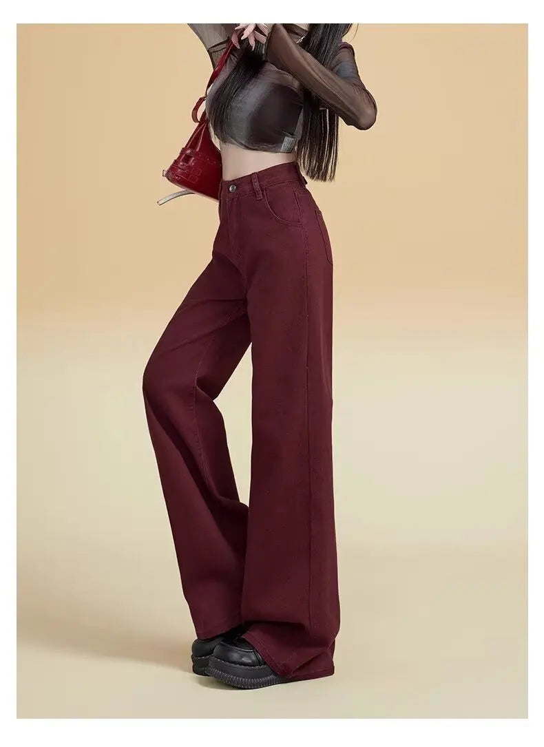 Women's Street Style Wide Leg Red Jeans American Vintage Casual Denim Trousers Female High Waist Loose Straight Pants
