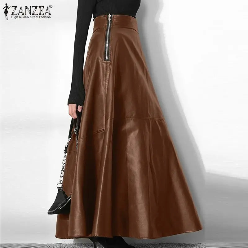 ZANZEA Women's PU Leather Maxi Skirt 2025 Autumn Elegant OL Long Saias Fashion Solid Mujer Faldas Casual High Waist Zipper Jupe
