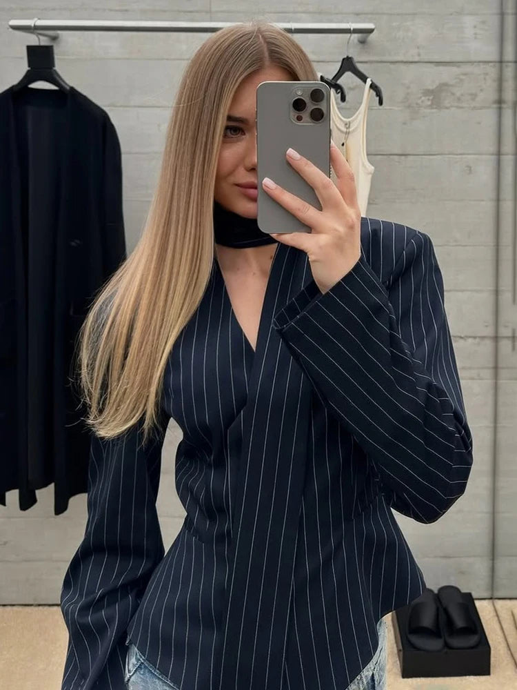 Taruxy Striped Print Vneck Ribbon Suit Coat For Women Long Sleeve Office Blazer