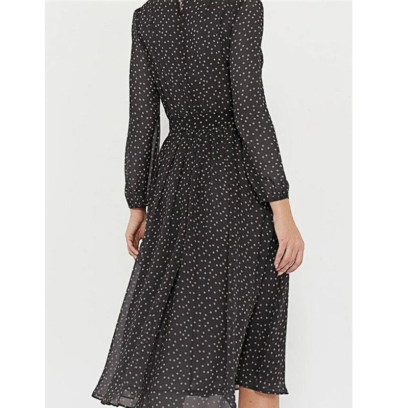 Spring and Summer Chiffon Dress Long Sleeved Solid Color Polka Dot Dress Elegant Lantern Sleeve Round Neck High Waisted Dresses
