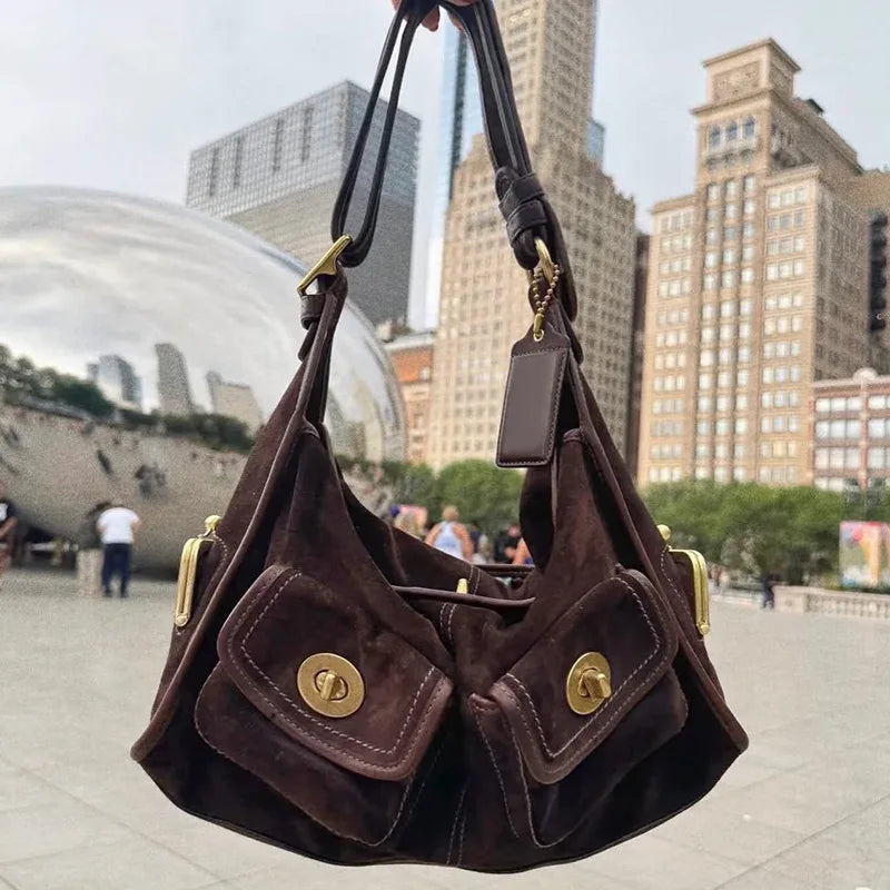 Casual Commuter Large Capacity Suede Pillow Bag Single Shoulder Crossbody Bag Vintage Style Polyester Lining Zipper Closure